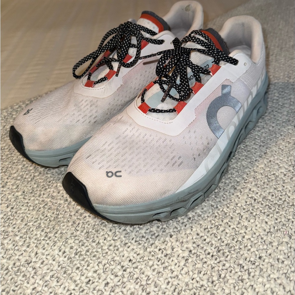 On Running Cloudmonster White & Light Gray Sneakers.